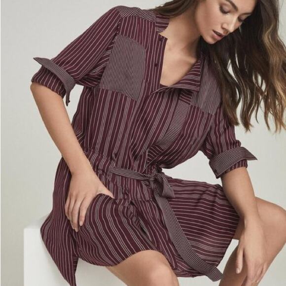 NWT Reiss Albi Burgundy Striped Shirt Dress Size 0 Tie Waist Button Workwear - Picture 2 of 16